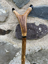 Load image into Gallery viewer, Hazel wood antler handled, handmade wooden walking sticks thumbsticks hiking sticks by Helen Elizabeth Studios