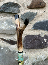 Load image into Gallery viewer, Puffins on the Rocks. Hand Painted Hazel Antler Handled Thumbstick