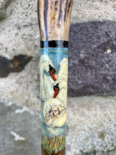 Load image into Gallery viewer, Swans on lake Painted on Antler Handle Hazel Thumbstick by Helen Elizabeth StudiosHelen