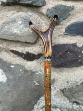 Load image into Gallery viewer, Red squirrel hand painted antler handle Thumbstick hiking stick country stick by Helen Elizabeth Studios