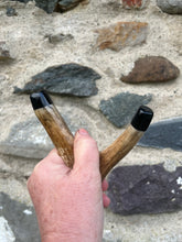 Load image into Gallery viewer, Red Squirrels - Hand Painted Hazel Antler Topped Hazel Wood Thumbstick