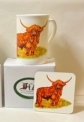 Highland cow China mug and coaster by Helen Elizabeth Studios