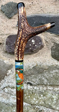 Load image into Gallery viewer, Kingfisher Hand Painted on Antler Handle Hazel Thumbstick by Helen Elizabeth Studios
