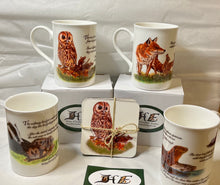 Load image into Gallery viewer, Badger owl fox otter China mug and coaster gift set by Helen Elizabeth Studios