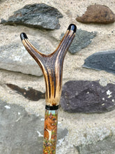 Load image into Gallery viewer, Red squirrel hand painted antler handle Thumbstick hiking stick country stick by Helen Elizabeth Studios
