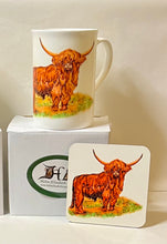 Load image into Gallery viewer, Highland cow China mug cockerel China mug gift set by Helen Elizabeth Studios