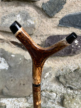 Load image into Gallery viewer, Hazel wood antler handled, handmade wooden walking sticks thumbsticks hiking sticks by Helen Elizabeth Studios