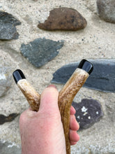 Load image into Gallery viewer, Hazel wood antler handled, handmade wooden walking sticks thumbsticks hiking sticks by Helen Elizabeth Studios