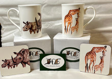 Load image into Gallery viewer, Rhino China mug giraffe China mug gift set mug and coaster Safari’s gift set by Helen Elizabeth Studios