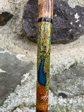 Load image into Gallery viewer, Peacock Displaying Painted on Antler Handle Hazel Thumbstick by Helen Elizabeth Studios