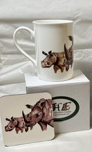 Load image into Gallery viewer, Rhino China mug giraffe China mug gift set mug and coaster Safari’s gift set by Helen Elizabeth Studios