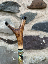 Load image into Gallery viewer, Puffins on the Rocks. Hand Painted Hazel Antler Handled Thumbstick