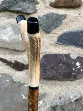 Load image into Gallery viewer, Hazel wood antler handled, handmade wooden walking sticks thumbsticks hiking sticks by Helen Elizabeth Studios