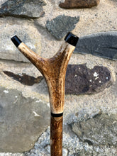 Load image into Gallery viewer, Hazel wood antler handled, handmade wooden walking sticks thumbsticks hiking sticks by Helen Elizabeth Studios