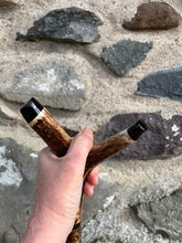 Load image into Gallery viewer, Hazel wood antler handled, handmade wooden walking sticks thumbsticks hiking sticks by Helen Elizabeth Studios