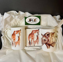 Load image into Gallery viewer, Rhino China mug giraffe China mug gift set mug and coaster Safari’s gift set by Helen Elizabeth Studios