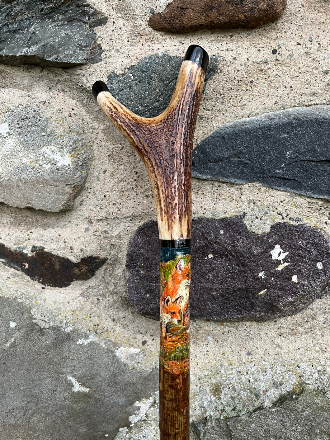 Two foxes- Hand Painted Hazel Antler Handled Thumbstick