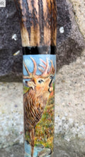 Load image into Gallery viewer, Roaring Stag Painted on Antler Handle Hazel Thumbstick by Helen Elizabeth StudiosHelen