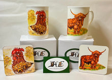 Load image into Gallery viewer, Highland cow China mug cockerel China mug gift set by Helen Elizabeth Studios