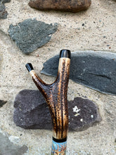Load image into Gallery viewer, Roaring Stag Painted on Antler Handle Hazel Thumbstick by Helen Elizabeth StudiosHelen