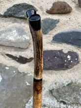 Load image into Gallery viewer, Hazel wood antler handled, handmade wooden walking sticks thumbsticks hiking sticks by Helen Elizabeth Studios