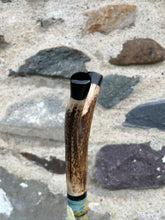 Load image into Gallery viewer, Swans on lake Painted on Antler Handle Hazel Thumbstick by Helen Elizabeth StudiosHelen