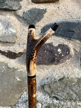 Load image into Gallery viewer, Hazel Wood Thumbstick with Antler Handle (K)