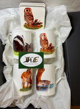 Load image into Gallery viewer, Badger owl fox otter China mug and coaster gift set by Helen Elizabeth Studios