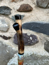 Load image into Gallery viewer, Roaring Stag Painted on Antler Handle Hazel Thumbstick by Helen Elizabeth StudiosHelen