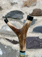 Load image into Gallery viewer, Swans on lake Painted on Antler Handle Hazel Thumbstick by Helen Elizabeth StudiosHelen