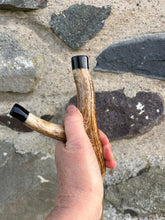 Load image into Gallery viewer, Hazel wood antler handled, handmade wooden walking sticks thumbsticks hiking sticks by Helen Elizabeth Studios