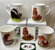Load image into Gallery viewer, Badger owl fox otter China mug and coaster gift set by Helen Elizabeth Studios