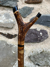 Load image into Gallery viewer, Hiking/ walking stick/ Thumbstick Study Antler Handle Wooden Hazel Handmade Thumbstick