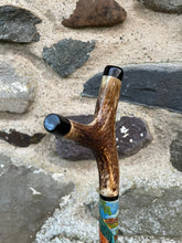 Load image into Gallery viewer, Kingfisher Hand Painted on Antler Handle Hazel Thumbstick by Helen Elizabeth Studios
