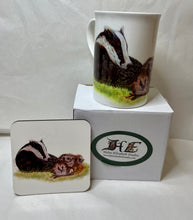 Load image into Gallery viewer, Badger owl fox otter China mug and coaster gift set by Helen Elizabeth Studios