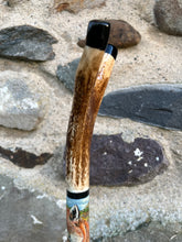 Load image into Gallery viewer, Pair Fox’s Hand Painted on Antler Handle Hazel Thumbstick by Helen Elizabeth Studios