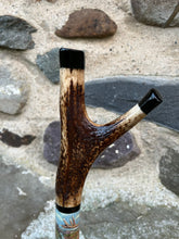 Load image into Gallery viewer, Roaring Stag Painted on Antler Handle Hazel Thumbstick by Helen Elizabeth StudiosHelen