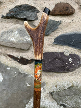 Load image into Gallery viewer, Foxes Painted on Antler Handle Hazel Thumbstick by Helen Elizabeth StudiosHelen