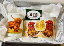 Load image into Gallery viewer, Highland cow China mug cockerel China mug gift set by Helen Elizabeth Studios