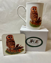 Load image into Gallery viewer, Badger owl fox otter China mug and coaster gift set by Helen Elizabeth Studios