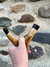 Load image into Gallery viewer, Pair Fox’s Hand Painted on Antler Handle Hazel Thumbstick by Helen Elizabeth Studios