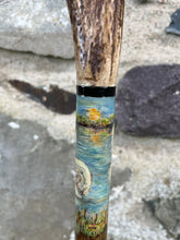Load image into Gallery viewer, Swans on lake Painted on Antler Handle Hazel Thumbstick by Helen Elizabeth StudiosHelen