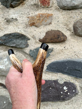Load image into Gallery viewer, Two foxes- Hand Painted Hazel Antler Handled Thumbstick

