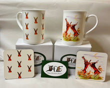 Load image into Gallery viewer, Wild hare boxing hare China mug and coaster by Helen Elizabeth Studios