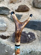 Load image into Gallery viewer, Pair Fox’s Hand Painted on Antler Handle Hazel Thumbstick by Helen Elizabeth Studios