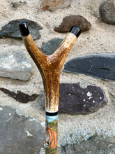 Load image into Gallery viewer, Pair Fox’s Hand Painted on Antler Handle Hazel Thumbstick by Helen Elizabeth Studios