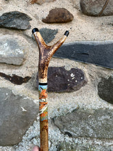 Load image into Gallery viewer, Pair Fox’s Hand Painted on Antler Handle Hazel Thumbstick by Helen Elizabeth Studios