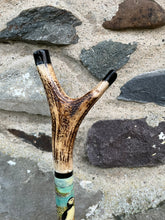Load image into Gallery viewer, Puffins on the Rocks. Hand Painted Hazel Antler Handled Thumbstick