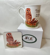 Load image into Gallery viewer, Badger owl fox otter China mug and coaster gift set by Helen Elizabeth Studios