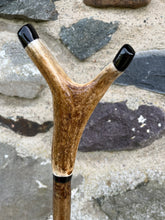 Load image into Gallery viewer, Hazel wood antler handled, handmade wooden walking sticks thumbsticks hiking sticks by Helen Elizabeth Studios